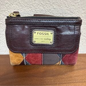 VTG Fossil Brown Long Live Vintage 1954 Wallet Lamb Leather Multicolor Patchwork